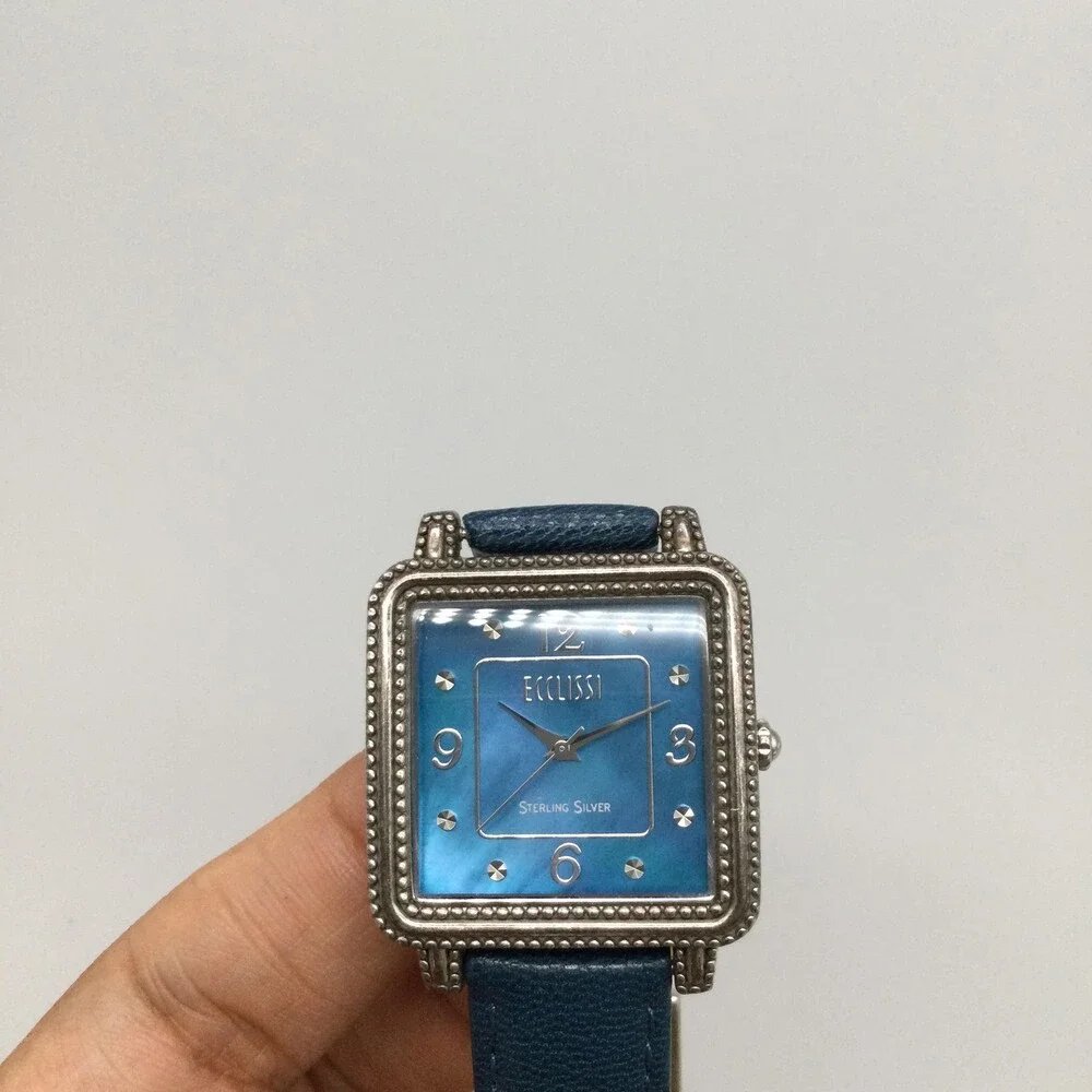 Ecclissi Womens Watch 30mm Blue Dial Sterling Silver Blue Leather New Battery